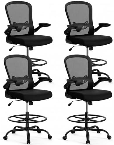 ErGear Drafting Chair, Standing Desk Chair with Flip-Up Armrests, High Desk Chair Adjustable Height, Ergonomic Tall Office Chair with Lumbar Support and Adjustable Footrest Ring,4 Pack