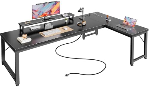 PRAISUN 61" L Shaped Computer Desk, Power Outlets, Monitor Stand, Black