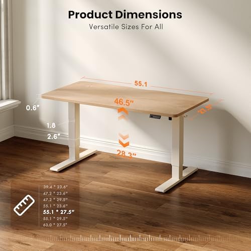 CubiCubi Electric Standing Desk 55 x 28 Inch, Height Adjustable Sit Stand Desk with Memory Presets, Splice Desktop Computer Desk for Home Office, White Frame/Nature Top