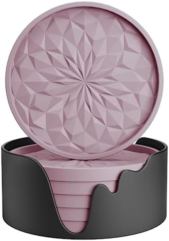 ME.FAN Silicone Coasters with Holder,[6 Pack] Drinking Coasters - Cup Mat for Hot or Cold Drinks, Thickened, Non-Slip, Non-stick,Deep Tray Pale Mauve