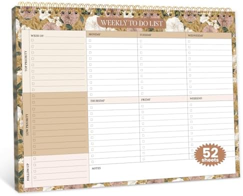 Weekly To Do List Notepad with 52 Undated Sheets（8.5"×11"）- Undated Weekly Planner Notepad for Office Desk Accessories and Supplies - Toffee Blossom
