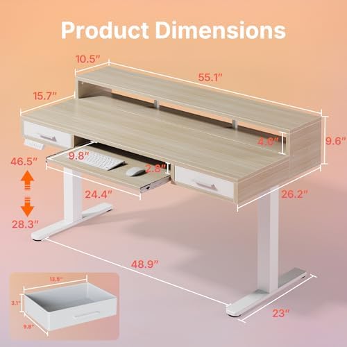 HUANUO 55″ x 26″ Electric Standing Desk with 2 Drawers &24.4″ Large Keyboard Tray, C-Clamp Mount Compatible, Adjustable Computer Desk for Office, Sit Stand Up Desk with 4 Height Presets, Light Walnut