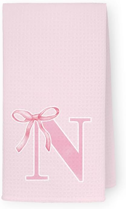 Monogrammed Initial N Hand Towels for Bathroom, Personalized Gifts for Women Girls Birthday Christmas, Coquette Preppy Pink Bows Waffle Kitchen Dish Tea Towels with Initial, 16x24 Inch