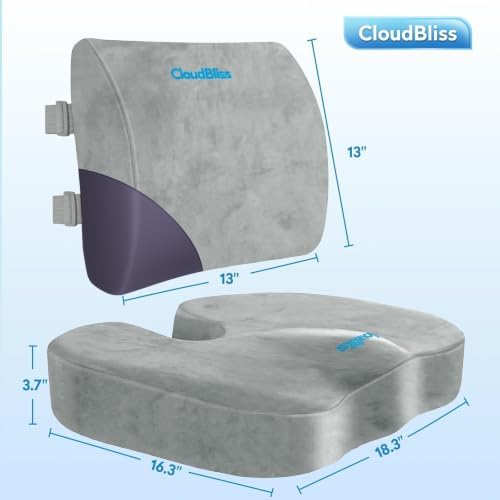 CloudBliss Lumbar Support Pillow & Seat Cushion Set for Office Chair,Desk Chair,Wheelchair & Car–Memory Foam Back Support, Ergonomic Chair Cushions, Sciatica Pain Relief,Home Essentials(Light Grey,XL)