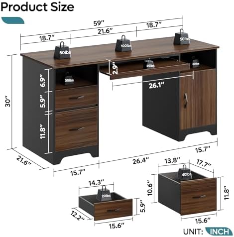 Bestier 59" Office Desk with File Drawer, Keyboard Tray & 2 Drawers, Cherry