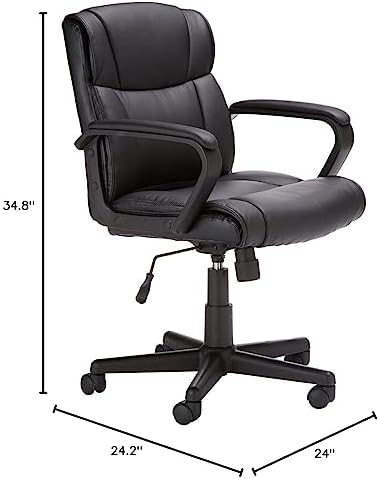 Amazon Basics Office Task Chair with Adjustable Height, 360° Swivel, Padded Armrests, Mid-Back, Rolling, 275 Pound Capacity, 24.2"D x 24"W x 34.8"H, Black Faux Leather