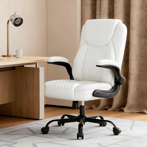 GTPLAYER PU Leather Office Chair, Home Desk Chair with Flip-up Arms, White