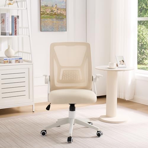 VECELO Mid-Back Swivel Ergonomic Office Chair with Adjustable Arms Mesh Lumbar Support for Computer Task Work, Beige