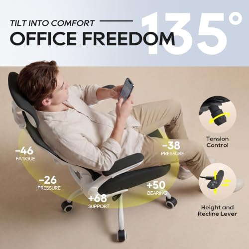 Ergonomic Office Chair for Long Hours, Adjustable Padded Lumbar Support for Lower Back Relief, 330 lb Capacity, Comfortable Computer Desk Chair for Home Office, Work & Study