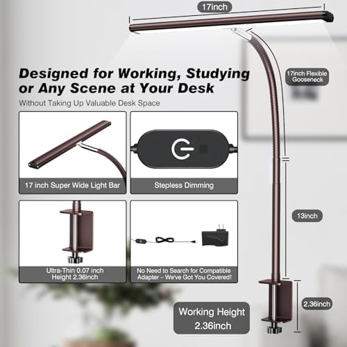 Airlonv LED Desk Lamp with Clamp, 17" Stepless Dimming Light, Brown