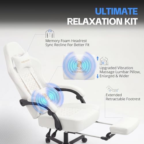 Desk Computer Gaming Chair - Ergonomic Game Office Chair with Extended Footrest and Massage Lumbar Support, Home Gamer Video Game Chairs with Spring Cushion for Adults (Pro White Leather)