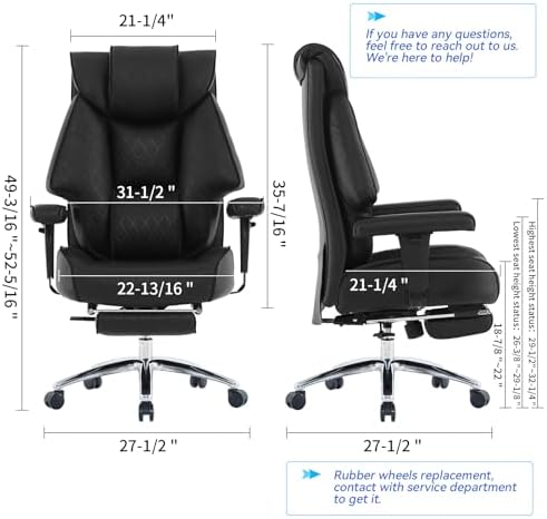 EXCEBET Big and Tall Office Chair with Footrest, PU Leather High Back Executive Office Chair 400lbs, Ergonomic Computer Chairs Lumbar Support for Heavy People (All Black)
