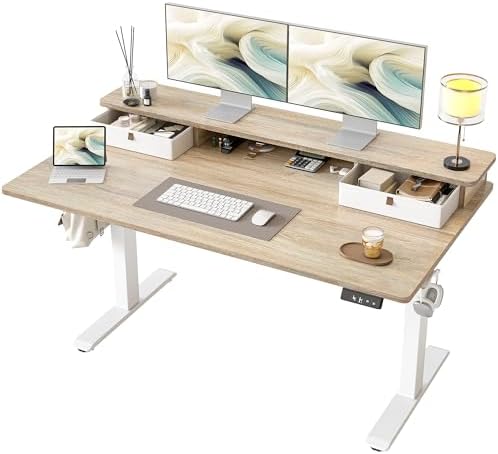 TIQLAB Standing Desk with Two Drawers, Stand Up Standing Desk Adjustable Height, Electric Sit Stand Table with Storage Shelf and Splice Board, 55 * 28 inch, Maple