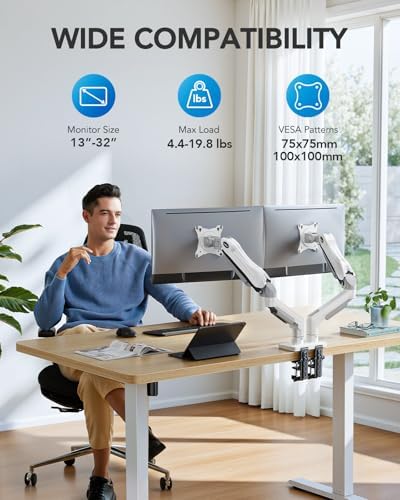 HUANUO Dual Monitor Stand - Full Adjustable Monitor Desk Mount Swivel Vesa Bracket with C Clamp, Grommet Mounting Base for 13 to 32 Inch Computer Screens - Each Arm Holds 4.4 to 19.8lbs - White