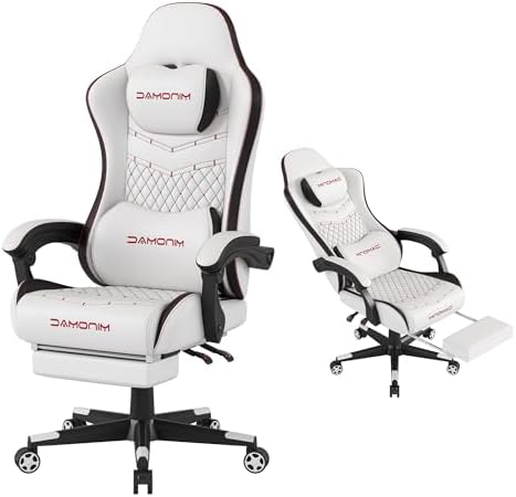 Gaming Chair,Big and Tall Gaming Chair 400lbs Office Chair with Footrest, 90-155° Recline & Removable Headrest Lumbar Support[Spring + 4D Sponge] (White)