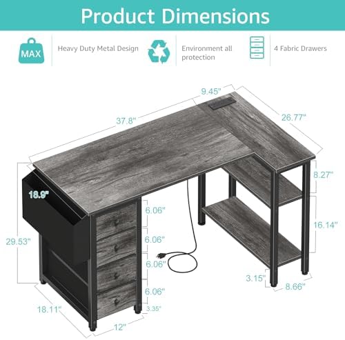 Lufeiya L Shaped Computer Desk with Drawers & Storage Shelves, 47 Inch Small Corner Desk with Power Outlet for Home Office Bedroom, L-Shaped Gaming PC Desks with Fabric Drawer, Gray
