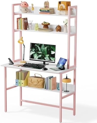 Aquzee 40 Inch Pink Desk with Shelves, Computer Desk with Hutch