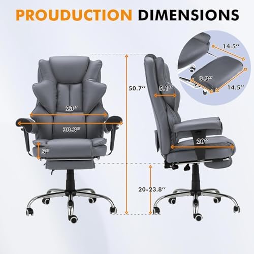HOMREST 6-Point Massage Executive Chair,Heat Office Chair,Ergonomic Home Office Desk Chairs with Retractable Footrest and Reclining Function,Leather Computer Chair with Adjustable Armrest(‌Grey)