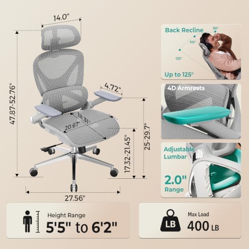 CAPOT Ergonomic Mesh Office Chair, Adjustable Lumbar High Back Desk Chair 400lbs, 4D Flip-up Arms, 3 Tilt Backrest, 3D Headrest, PU Wheels, Swivel Rolling Computer Seating for Long Desk Work - Grey
