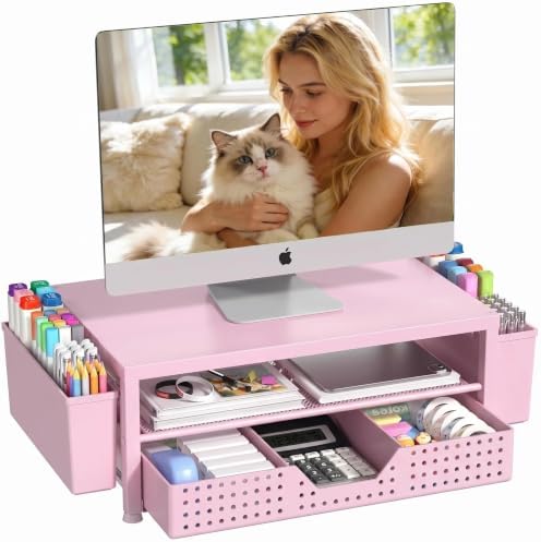 OPNICE Desk Organizers and Accessories, Computer Monitor Stand Riser with Drawer and 2 Pen Holders, Printer & Laptop Stand, Office Desk Accessories & Workspace Organizers for Home Office Supplies, Pink