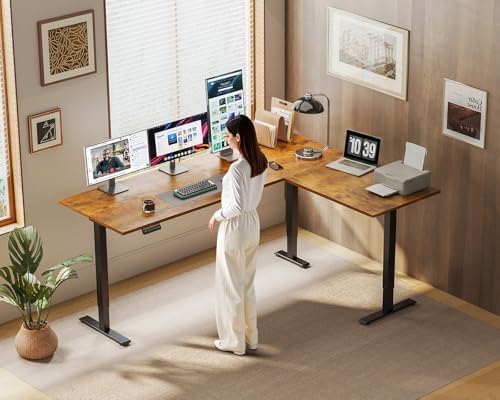 OffiGo 63 Inch Reversible L Shaped Electric Standing Desk, Rustic Brown