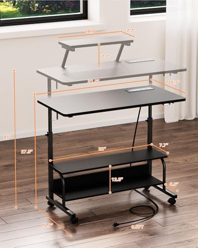 Height Adjustable Standing Desk with Power Outlets and LED Lights - 32" Manual Stand Up Desk with Monitor Stand and Storage Shelves Small Mobile Rolling Computer Desk Portable Laptop Table, Black