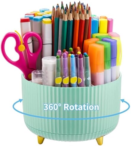 Marbrasse Desk Organizer, 360-Degree Rotating Pen Holder, Desk Organizers and Accessories with 5 Compartments Pencil Holder, Art Supply Storage Box Caddy for Office, Home (Mint Green)