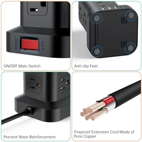 Extension Cord with Multiple Outlets, SMALLRT Power Strip Tower with USB Ports 12 AC Outlets, PD 20W USB C, 15FT Outlet Extender for Home Dorm, Office Supplies, Overload Protection