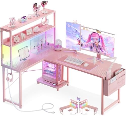 AODK L Shaped Desk Gaming Desk with LED Light & Power Outlet