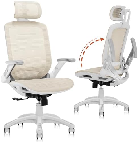 GABRYLLY Ergonomic Office Chair, High Back Home Desk Chair with Headrest, Flip-Up Arms, 90-120° Tilt Lock and Wide Cushion, 300LBS Mesh Chairs for Man Woman, White Task Chair(Beige,GY01WBG)