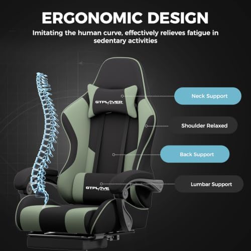 GTPLAYER Gaming Chair, Computer Chair with Footrest and Lumbar Support, Height Adjustable Game Chair with 360°-Swivel Seat and Headrest and for Office or Gaming (Green, Fabric)