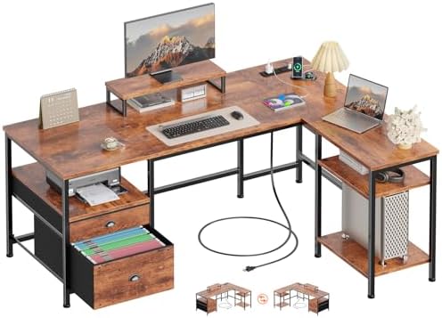 Furologee 50 Inch L Shaped Computer Desk with Power Outlet, Rustic Brown