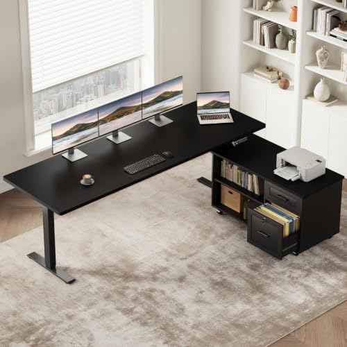 OffiGo 71 Inch L Shaped Electric Standing Desk with Cabinet Sets, Black