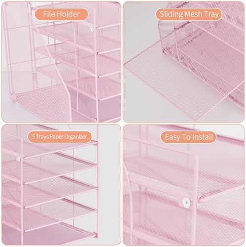 LEKETREE Desk Organizers and Accessories, 5-Tier Paper Letter Tray Organizer with File Holder, Desktop Organizer for Office Supplies (Pink)