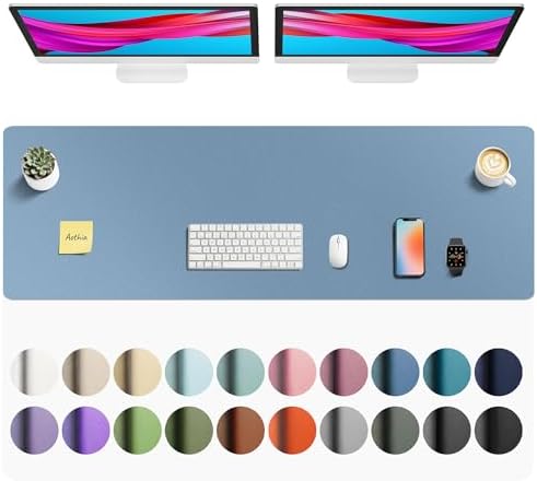 Aothia Faux Leather Desk Mat - Non-Slip PU Leather Desk Blotter, Waterproof Writing Surface, Large Desk Pad for Office & Home (Denim Blue, 55" x 17")
