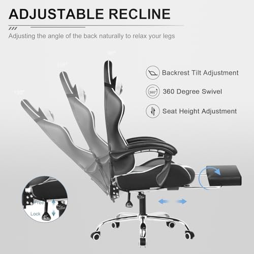 GTPLAYER Gaming Chair, Computer Chair with Footrest and Lumbar Support, Height Adjustable Game Chair with 360°-Swivel Seat and Headrest and for Office or Gaming (White)