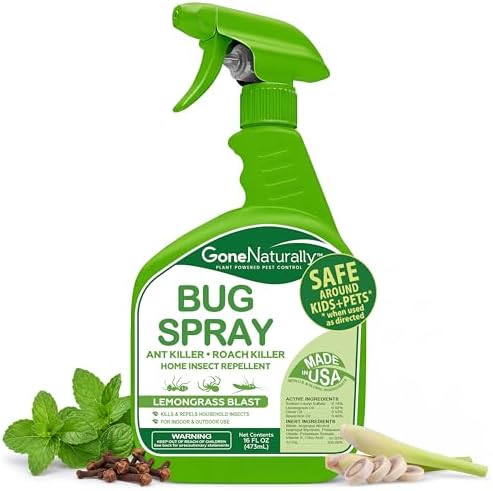 Lemongrass Bug Spray – Outdoor Patio & Backyard Bug Spray for Home, Kills & Repels Ants, Roaches, Spiders & More – Safe Around Kids & Pets – Natural Indoor Insect Repellent Spray (16oz)