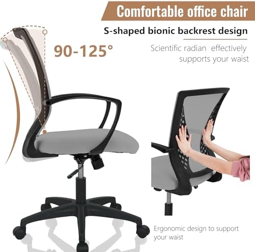 FDW | Mid Back Office Chair | Grey | with Lumbar Support, 360 Swivel