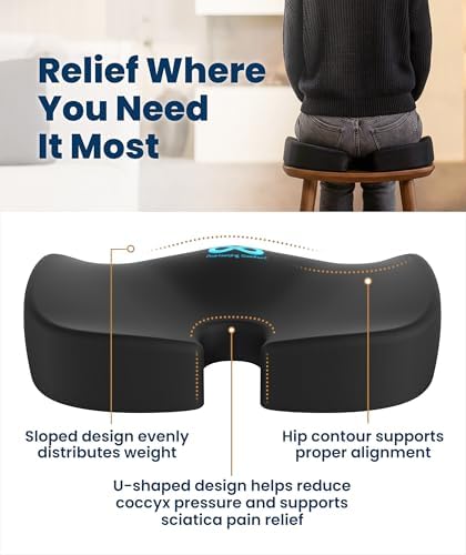 Everlasting Comfort Doctor Recommended Memory Foam Seat Cushion for Office Chairs & Car - Ergonomic Office Desk Accessories - Cushions for Tailbone Pain Relief, Sciatica (Black, Large)