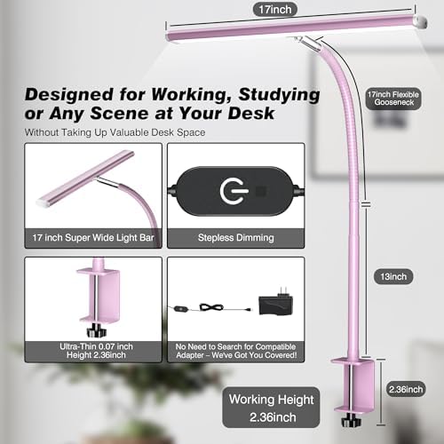 Airlonv LED Desk Lamp with Clamp, 17" Stepless Dimming Light (Pink)