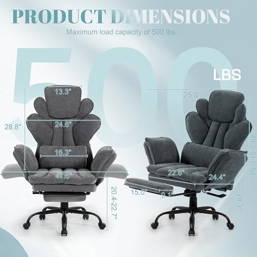 Flip Armrests Criss Cross Office Chair, Reclining Office Chair with Foot Rest, Adjustable Headrest, Massage Waist Pillow, Cross Legged Big and Tall Desk Chair Wide Seat Vanity Chair, Grey Fabric