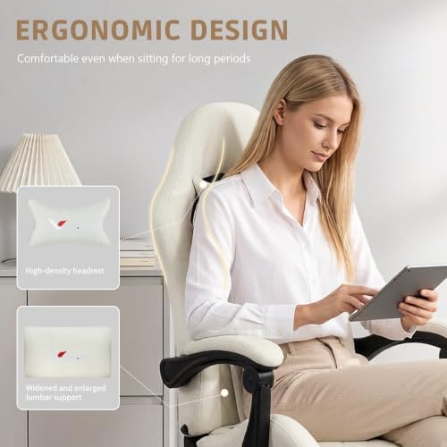 Fabric Gaming Chair for Adults, Ergonomic Computer Office Desk Chair with Footrest,Pocket Spring Cushion, Reclining High Back Silla Gamer for Home Office, White