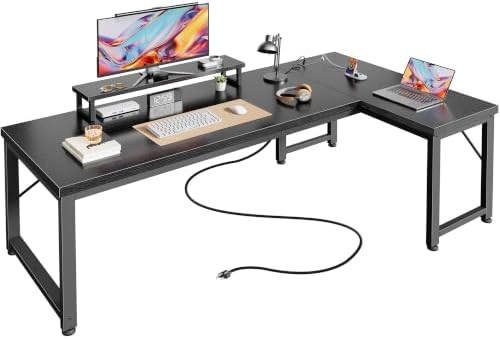 PRAISUN 53" L Shaped Computer Desk, Power Outlets, Monitor Stand, Black