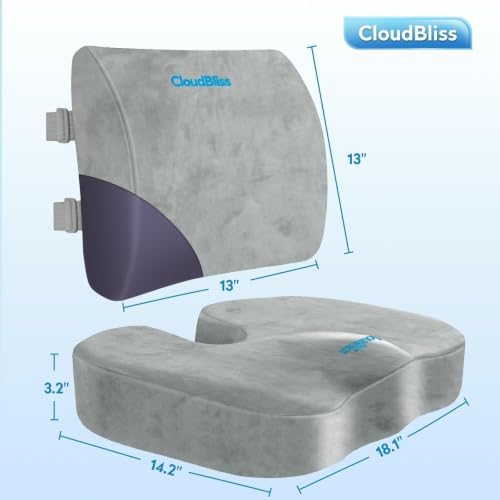 CloudBliss Ergonomic Seat Cushion & Lumbar Support Pillow Set, Light Grey