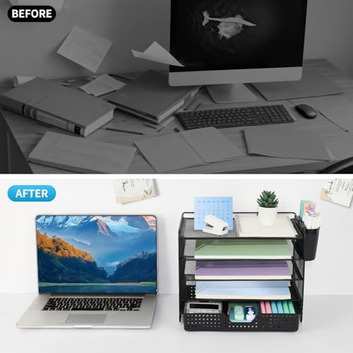 LEKETREE Desk Organizer and Accessories, 5-Tier Paper Letter Tray Organizer with Drawer & 2 Pen Holders for Desktop File Organization, Office Desk Accessories for Supplies Storage (Black)