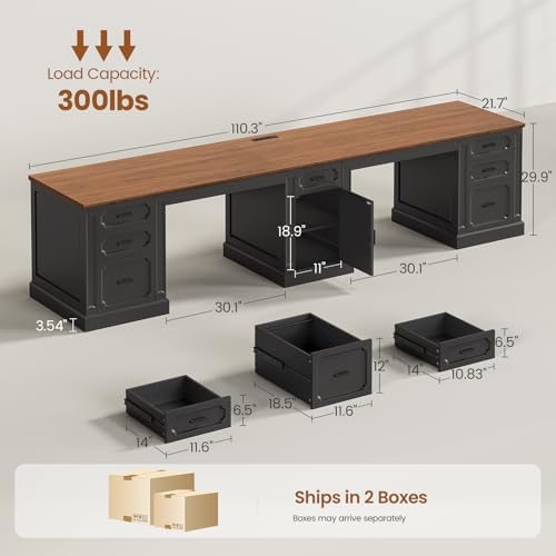 SEDETA Farmhouse 110.3" Two Person Desk with 7 Drawers, Long Computer Desk with Storage Cabinet, 2 Person Desk with Power Outlets for Home Office, Black+Brown