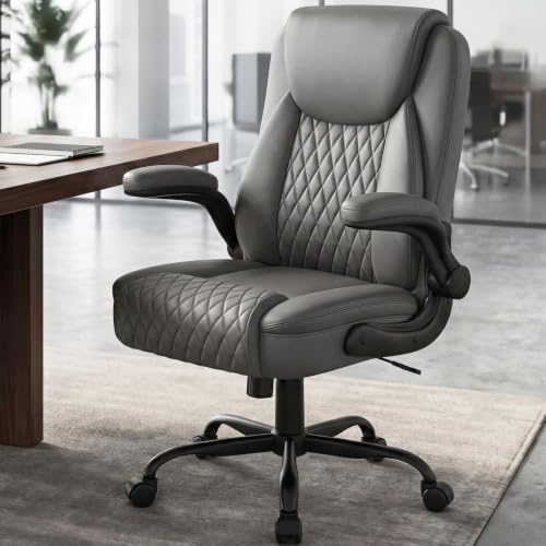GTPOFFICE Executive Office Chair with Comfortable Lumbar Support, Ergonomic Gaming Chair with Flip-up Armrests & Zoned Pressure-Relief Cushion, Comfy PU Leather Desk Chair, Grey