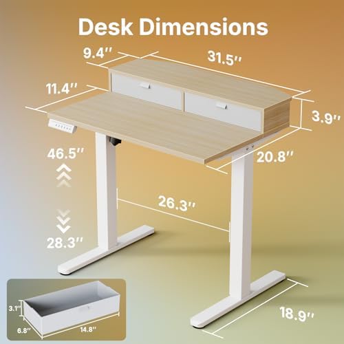 HUANUO 32" X 21" Electric Standing Desk with 2 Drawers, C-Clamp Mount Compatible, Height Adjustable Computer Desk, Home Office Stand Up Desk with 4 Preset Heights & 2 Hooks, Light Walnut
