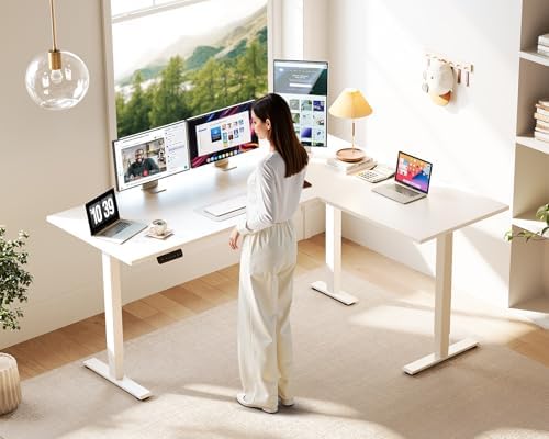 Casaottima 63 Inch L Shaped Electric Standing Desk, Home Office, White