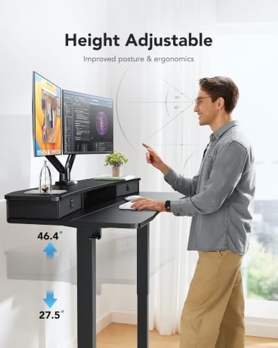 HUANUO 48″ x 24″ Electric Standing Desk with 2 Drawers, C-Clamp Mount Compatible, Height Adjustable Computer Desk, Home Office Stand Up Desk with 4 Preset Heights & 2 Hooks, Black (Pack of 2)